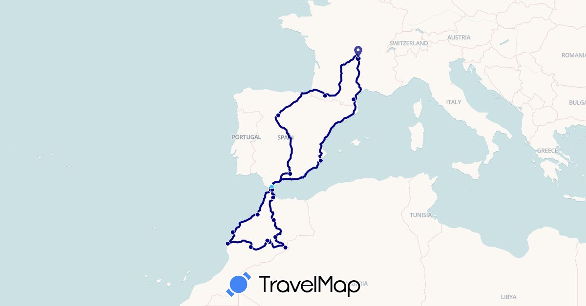 TravelMap itinerary: driving, boat in Spain, France, Gibraltar, Morocco (Africa, Europe)